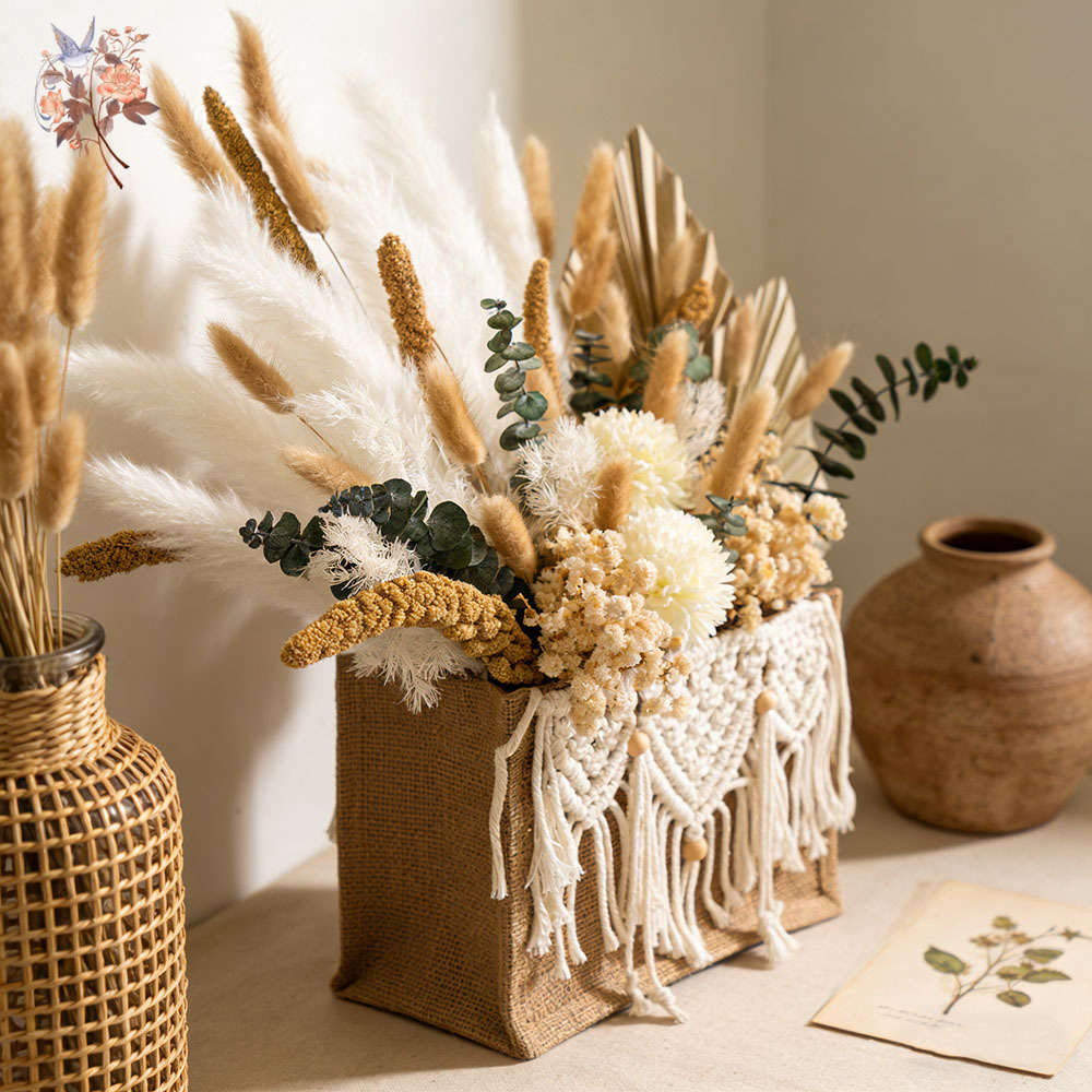 Dried Flower Bunch - 造花ドライフラワーブーケセットギフト、ボヘミアンホームデコレーション用織りバスケット、ナチュラルパンパスユーカリの葉束、テーブル用品