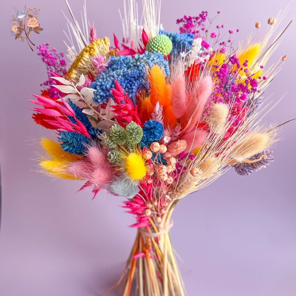 Dried Flower Bunch - カラフルなドライフラワーウェディングブーケ花嫁用保存パンパスベビーブレスミックスブライダルブーケヘッドテーブルフローラルホームデコレーション