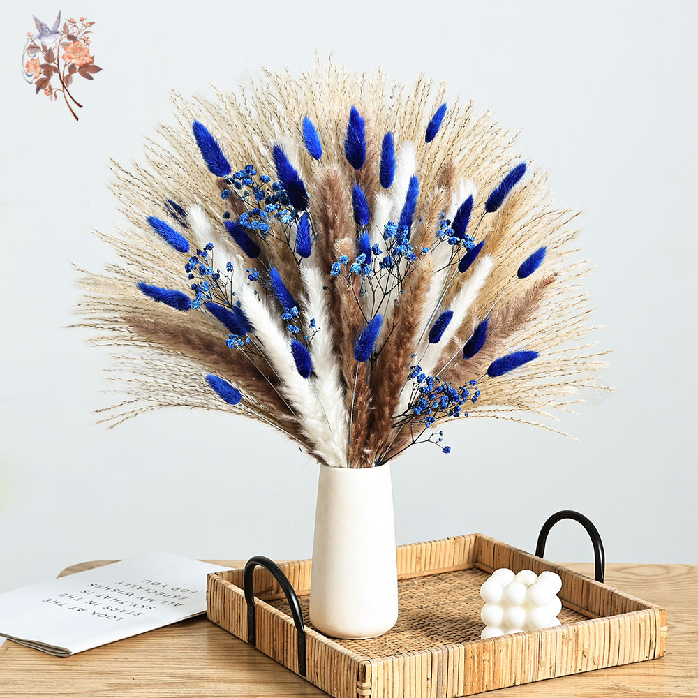 70 茎ブルーふわふわウサギの尻尾ススキの束ドライフラワーブ - Dried Flower Bunch のレビューと価格